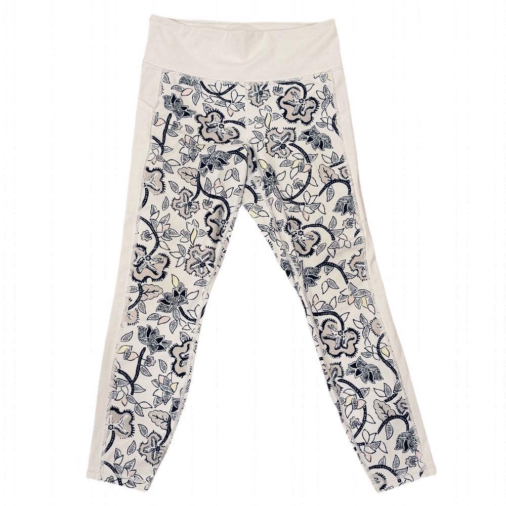 Athleta Women’s workout pants yoga printed floral white black yellow.Size Medium